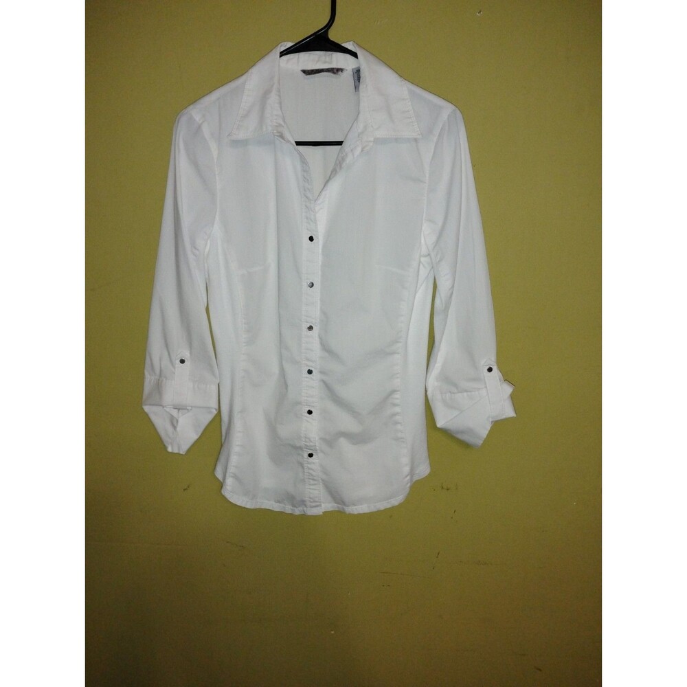 Levine Signature white button down 3/4 sleeve S/P V-neck shirt VTG Silver button
